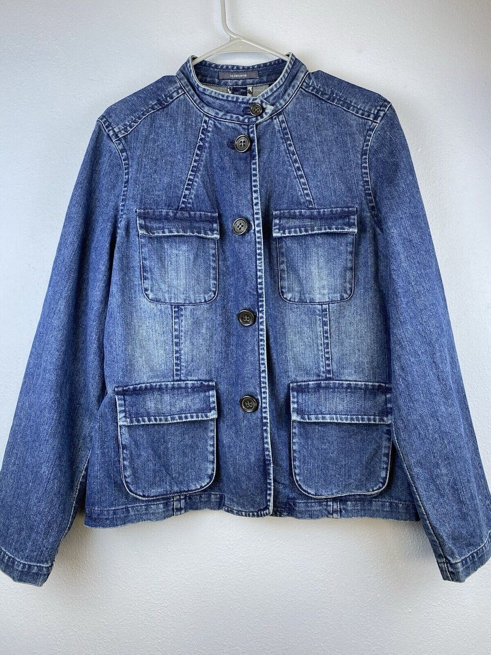 Liz Claiborne Sz16 Dstrsd Hvywght Denim 4 Pkt Mandarin Collar Btn Front Gathered